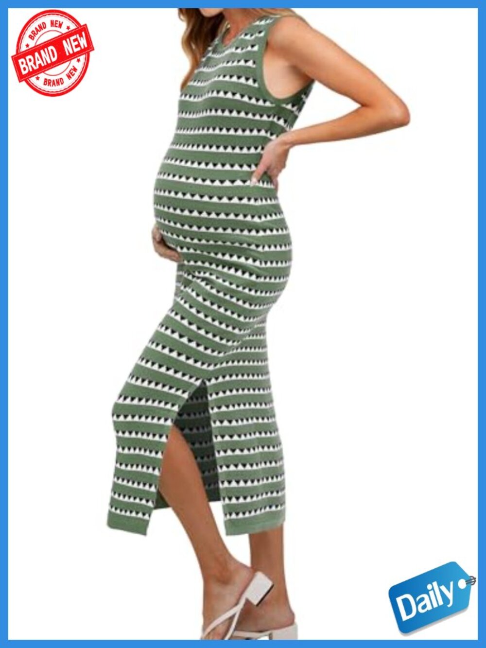 Sleeveless Striped Bodycon Maternity Midi Dress with Side Slit Stretchy Knit
